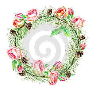 Floral wreath.Garland of a roses, pine branches and bump.