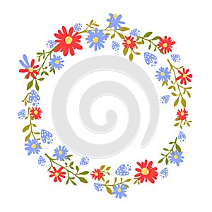 Floral wreath, hand drawn frame with place for text. Nature inspired garland with red and blue flowers. Vector design