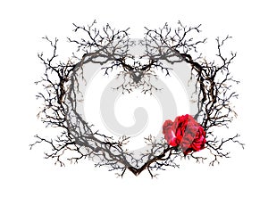 Floral wreath with heart shape. Branches, rose flowers. Watercolor for tattoo design