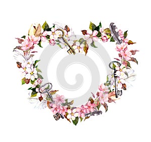 Floral wreath - heart shape. Pink flowers, feathers, keys. Watercolor for Valentine day, wedding