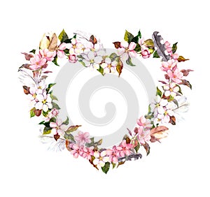 Floral wreath - heart shape. Pink flowers and feathers. Watercolor for Valentine day, wedding in vintage boho style