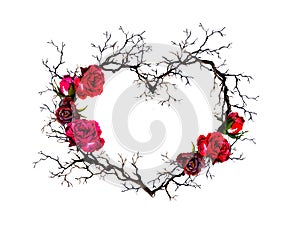 Floral wreath - heart shape. Twigs, rose flowers. Watercolor, gothic style