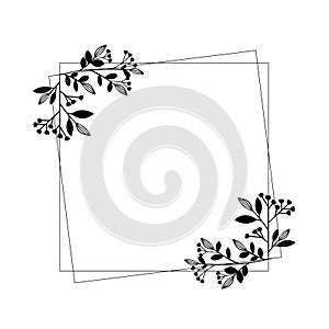 Floral wreath isolated on white background. Black floral wreath square frame vintage style.