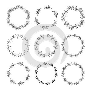 Floral wreath with leaves hand drawn round frames. Wedding wreath decorative leaves elements vintage