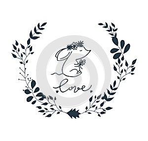 Floral wreath with love lettering. photo