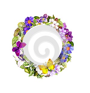 Floral wreath - meadow flowers, wild grass and spring butterflies