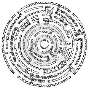 Floral wreath pattern labyrinth with dots, lines and flowers.