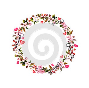 Floral wreath with pink flowers, hearts, keys. Watercolor circle border for Valentine day, wedding