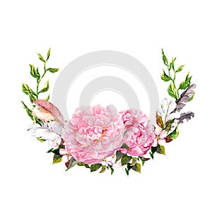 Floral wreath with pink peony flowers, feathers. Romantic card in retro boho style. Watercolor