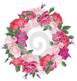 Floral wreath with pink roses, clematis and green leaves, watercolor painting