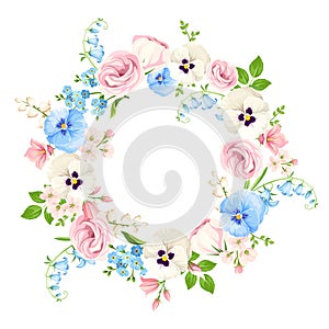 Floral wreath with pink, white, and blue flowers. Vector illustration