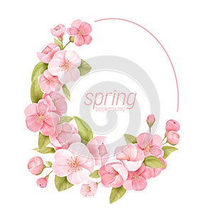 Floral wreath with realistic cherry flowers, exotic sakura blossom. Vector spring banner template illustration