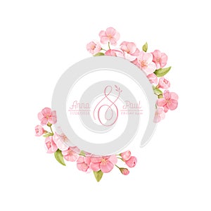 Floral wreath with realistic cherry flowers, exotic sakura blossom. Vector spring banner template illustration