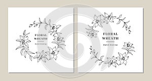 Floral wreath set, Lily flowers circle monogram, Wedding invitation templates, Lily flower wreath. Art for save the date