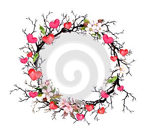 Floral wreath - twigs with spring flowers, hearts. Watercolor circle border for Valentine day, wedding