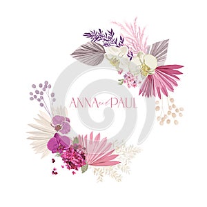 Floral wreath with watercolor flowers, tropical palm leaves. Vector pink boho design, summer vintage orchid flower