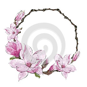 Floral Wreath, Watercolor Magnolia flower. Gesign element for wedding invitation and greeting card