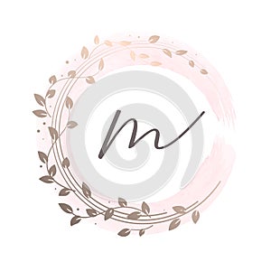 Floral wreath on watercolour background. Feminine logo template for beautiful brand