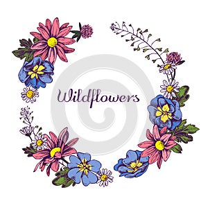 Floral Wreath of Wildflowers Hand drawn vector illustation