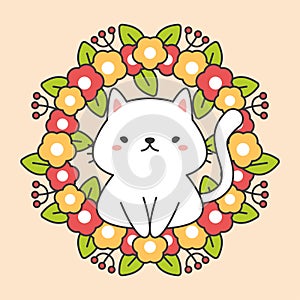 Floral wreathe with leaves and cute cat charactor