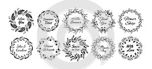 Floral wreaths. Round boho flowers for wedding design. Botanical logo, hand drawn borders and garlands, summer leaf