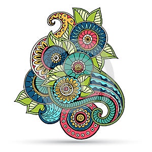 Floral zentangle, doodle henna paisley mehndi design element.