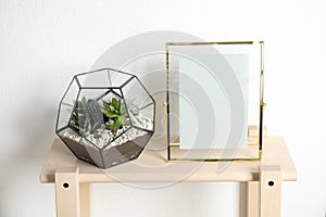 Florarium with succulent plants and photo frame on table near white wall, space for design.