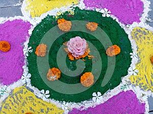 Flore decoration with natural colors and flowers on ground of home india