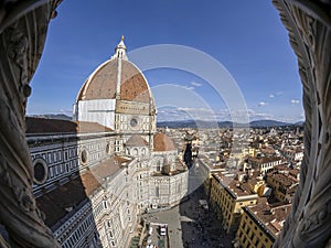 Florence Aerial view cityscape from giotto tower detail near Cathedral Santa Maria dei Fiori, Brunelleschi Dome Italy