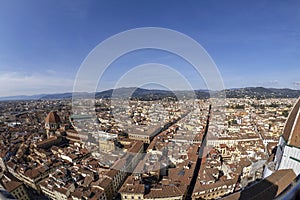 Florence Aerial view cityscape from giotto tower detail near Cathedral Santa Maria dei Fiori, Brunelleschi Dome Italy