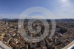 Florence Aerial view cityscape from giotto tower detail near Cathedral Santa Maria dei Fiori, Brunelleschi Dome Italy