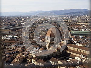 Florence Aerial view cityscape from giotto tower detail near Cathedral Santa Maria dei Fiori, Brunelleschi Dome Italy