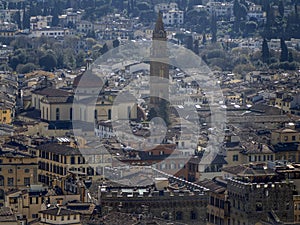 Florence Aerial view cityscape from giotto tower detail near Cathedral Santa Maria dei Fiori, Brunelleschi Dome Italy