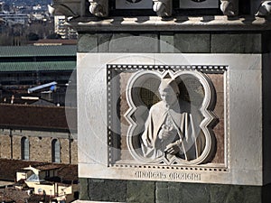 Florence Aerial view cityscape from giotto tower detail near Cathedral Santa Maria dei Fiori, Brunelleschi Dome Italy