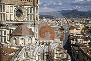 Florence Aerial view cityscape from giotto tower detail near Cathedral Santa Maria dei Fiori, Brunelleschi Dome Italy