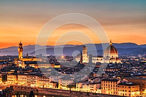 Florence Aerial View at Golden Sunset over Palazzo Vecchio and Cathedral of Santa Maria del Fiore with Duomo