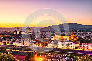 Florence Aerial View at Golden Sunset over Palazzo Vecchio and Cathedral of Santa Maria del Fiore with Duomo