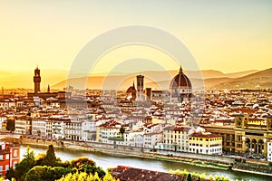 Florence Aerial View at Golden Sunset over Palazzo Vecchio and Cathedral of Santa Maria del Fiore with Duomo