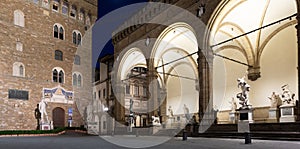 Florence architecture illuminated by night, Piazza della Signoria - Signoria Square - Italy. Urban scene in exterior - nobody