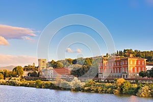 Florence architecture and landmark. Florence or Firenze, Ponte Santa Trinita medieval Bridge landmark on Arno river and a boat,