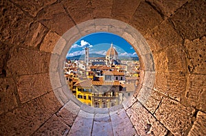 Florence cathedral di Santa Maria del Fiore or Duomo view trhrough stone window