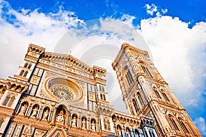 Florence Cathedral with Giotto's Campanile at sunset on Piazza del Duomo in Florence, Italy photo