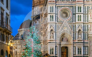Florence during Christmas time, with the Cathedral of Santa Maria del Fiore and the Christmas Tree. Tuscany, Italy.