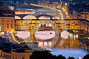 Florence cityscape and Arno river bridges sunset view