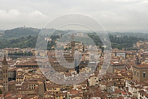 Florence cityscape with Palazzo Vecchio in the fog