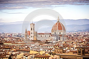 Florence Duomo. Basilica di Santa Maria del Fiore in Florence. Brunelleschi`s dome, as seen from Michelangelo hill. Tuscany, Ital