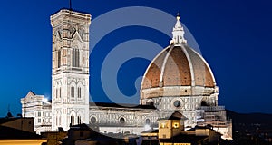 Florence Duomo and Campanile - Bell Tower - architecture illuminated by night, Italy. Urban scene in exterior - nobody photo