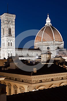 Florence Duomo and Campanile - Bell Tower - architecture illuminated by night, Italy. Urban scene in exterior - nobody photo