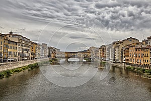 Florence or Firenze city view on Arno river, landscape with reflection. Tuscany, Italy