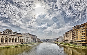 Florence or Firenze city view on Arno river, landscape with reflection. Tuscany, Italy